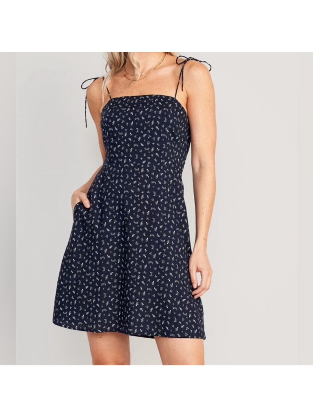 Old Navy Navy Mini Dress with White Floral Print and Tie Straps